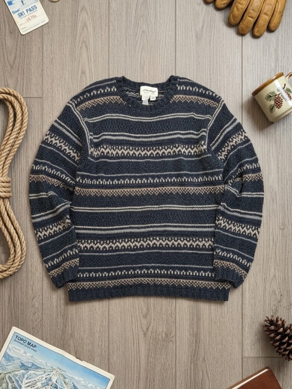 Vintage Eddie Bauer Cotton Fair Isle Sweater Made USA Mens M Charcoal Grey Brown